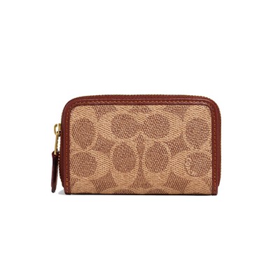 COACH® Coated Canvas Signature Small Zip Around Card Case - Tan Rust/Brass