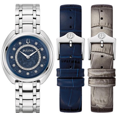 Bulova Watches Ladies' Crystal Duality Set Ss Bracelet Blue Dial Leather Interchangeable Straps