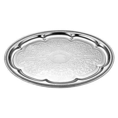 18.1" x 13.3" Oval Floral Pattern Engraved Catering Chrome Plated Serve Plate