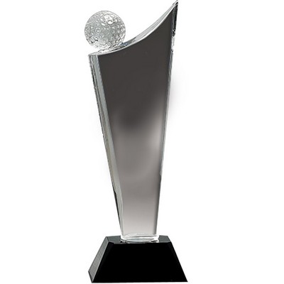 Optical Crystal Golf Tower Award with Golf Ball on Black Base (4" x 10 3/4")