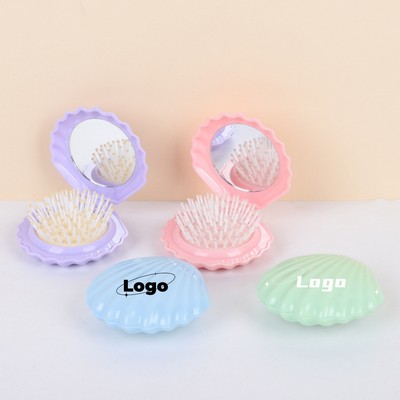 Portable Foldable Travel Pocket Shell-Shaped Hair Brush w/ Mirror