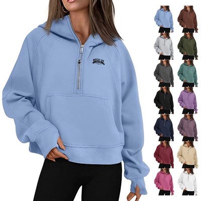 Midweight Half-Zip Fleece Hoodie with Stand Collar