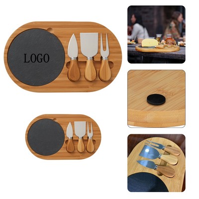 Bamboo Cheese Board w/ Slate Plate & 3-Piece Utensil Set