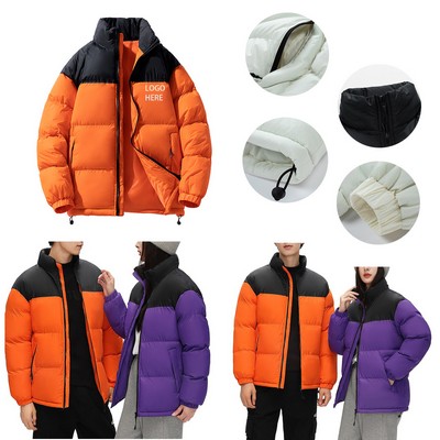 Unisex Thickened Puffer Jacket Warm Stand Collar Color Block Ski Coat