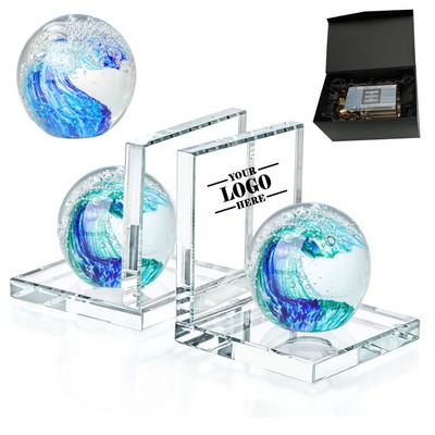 Blue Ocean Waves Crystal Bookends with Ball Set of 2