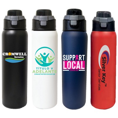 30 Oz. Stainless Steel Vacuum Insulated bottle with pop & sip straw lid and carry loop
