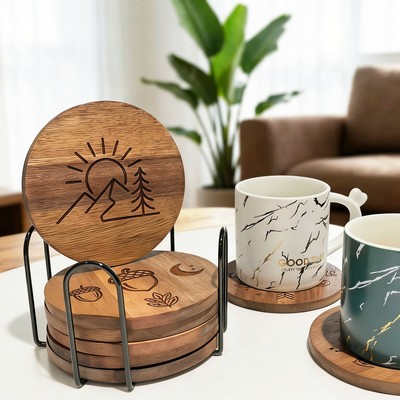 Round Wood Coaster Set with Black Metal Stand