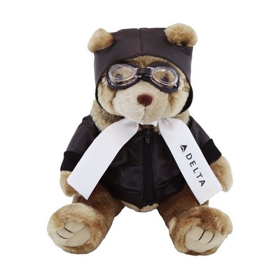 12" Brown Aviator Stuffed Bear w/One Color Imprint