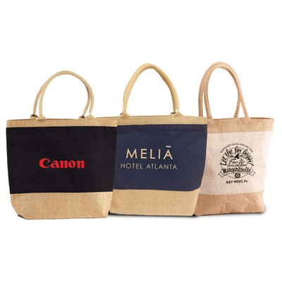 Two-Tone Eco Green Jute Burlap Beach Bag with Zipper & Cotton Handles