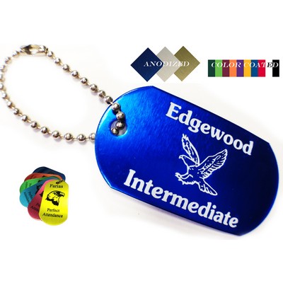 2 1/4" x 1 1/8" Military Style Aluminum Dog Tag shaped Key Tag w/ 4" Chain-Screen printed. USA