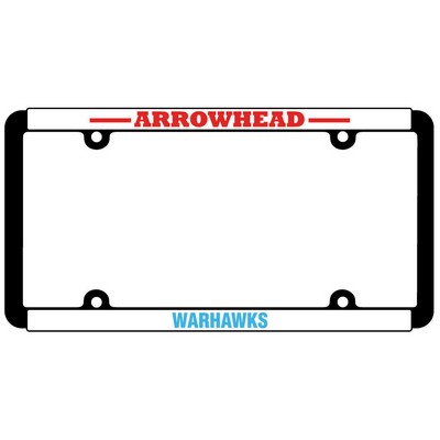 Black Plastic Signature Dome Standard License Plate Frame w/White Vinyl Material