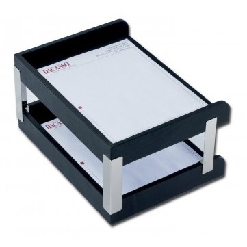 Classic Black Leather Double Side-Load Letter Trays w/Silver Posts