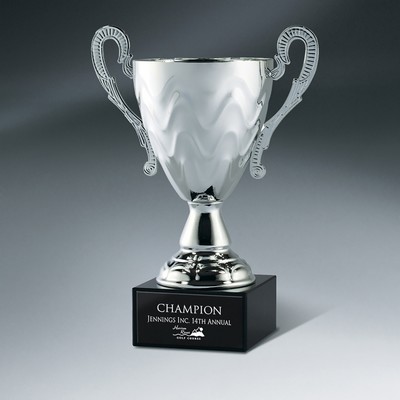 Large Bright Silver Metal Cup on Marble Base w/Black Lasered Plate