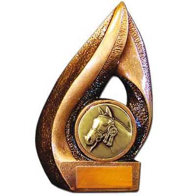 Stock Flame 7" Trophy with 2" Horse Coin, Engraving Plate