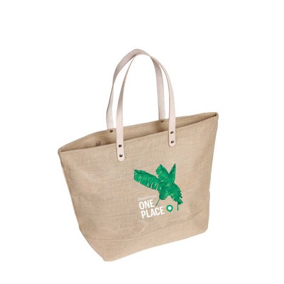 Eco-Friendly Reusable Jute Burlap Tote Bag with Leather Handles & Zipper Closure