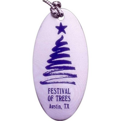 1.25" X 2.25" Aluminum Oval Ornament With A One Color Die Struck Imprint and a tassel or string