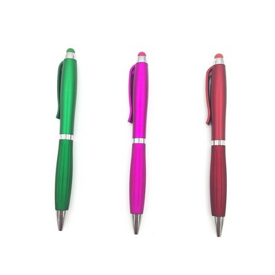 Plastic Ballpoint Pen With Stylus Touch End And Rubber Grip