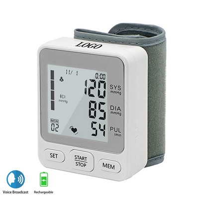 Wrist Blood Pressure Monitor with Rechargeable Battery and Memory Function