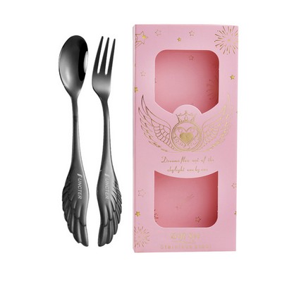 2 PCS Charcoal Black Angel Wings Spoon Fork Flatware Set Tableware Pink Gift Box