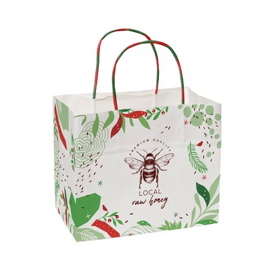 Full Color White Holiday Handle Shopper 8.5" x 7.25" x 5"