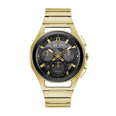Bulova Watches Men's Curv Chronograph Watch, Gold Bracelet And Black Dial
