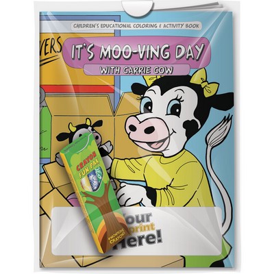 Combo Pack - "It's Moo-ving Day with Carrie Cow" Coloring Book & 4-Pack of Crayon (Imprinted)