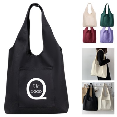 Solid-Color Canvas Tote Bag With Exterior Pocket