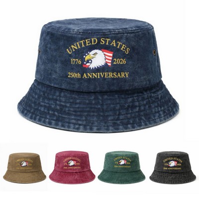USA 250th Anniversary Washed Denim Bucket Hat Patriotic