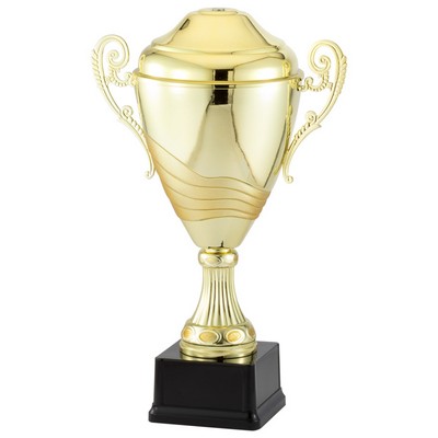 14 1/2" Italian Two-Tone Bright and Antique Gold Trophy Cup on Black Base