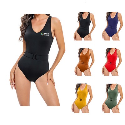 Women's Belly-Covering Conservative One-Piece Swimsuit with Belt