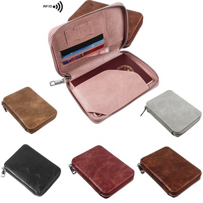 Bookstyle PU Passport Organizer Zippered Card & Cash Holder