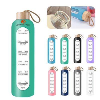 34 OZ.Glass Water Bottle with Time Marker and Protective Silicone Sleeve