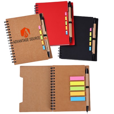 Eco-Friendly Kraft Paper Cover Student Spiral Notepad W/ Sticky Notes and Pen