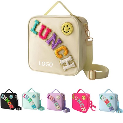 Preppy Nylon Insulated Lunch Bag Adjustable Shoulder Strap Reusable Tote