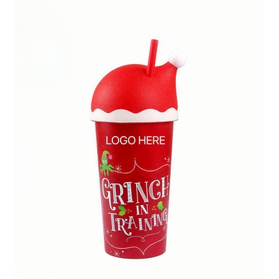 Christmas Red Kids Plastic Water Cup with Straw Holiday Gift