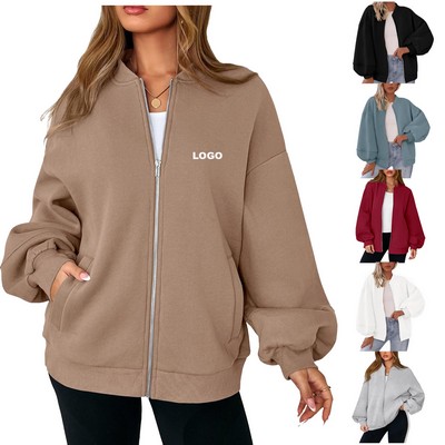 Custom Fashion Outerwear Women's Oversized Zip-Up Sweatshirt Jacket