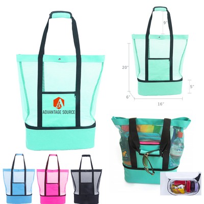 2-In-1 Mesh Beach Tote Bag w/Insulated Cooler(16"x6"x20")