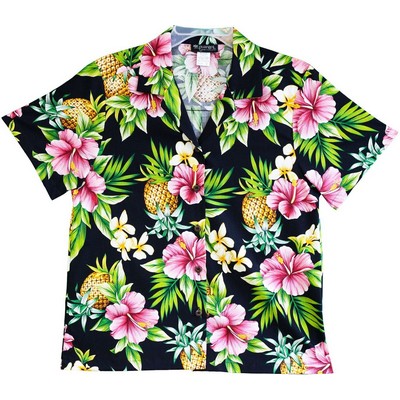 Ladies Hawaiian Shirt (DEEP INVENTORY) - 100% Cotton Poplin Tropical Print w/ Coconut Buttons