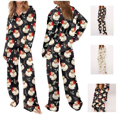 Satin Pajamas for Women Set Long Sleeve Button Down Christmas Sleepwear