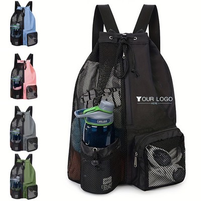 Drawstring Mesh Beach Backpack With Wet Pocket