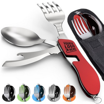 2 Pack Portable Stainless Steel Spoon Fork Knife Bottle Opener Combo Set 4-in-1 Camping Utensils