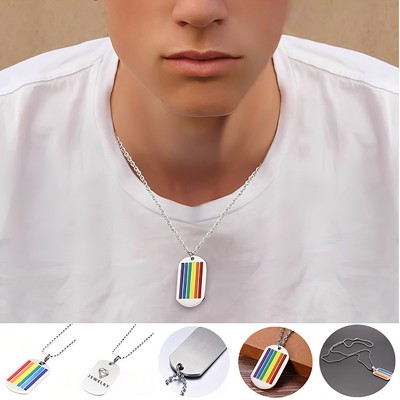 Stainless Steel Rainbow Striped Tag Pendant Necklace