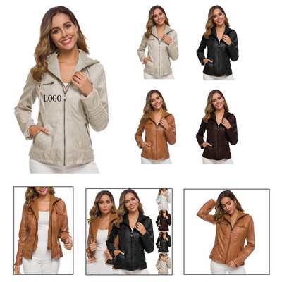 Solid Color Women's Leather Jacket (XS-7XL)