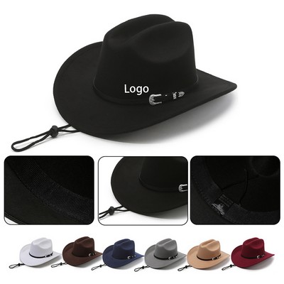 Classic Western Felt Studded Buckle Pinched Wide Brim Cowboy Hat