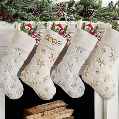 Iridescent Snowflake Christmas Stockings, Luxe Faux Fur with Metallic Sequins