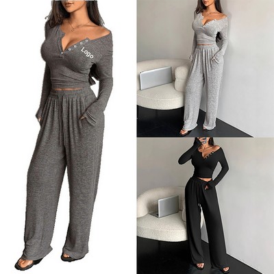 Women's Fall Lounge Set Long Sleeve Top & Wide Leg Pants Trendy Travel Outfit