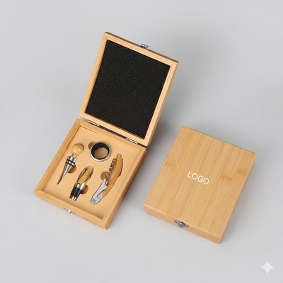 Luxury Bamboo Box Wine Opener Set Professional Stainless Steel Corkscrew Kit Multi-Functional