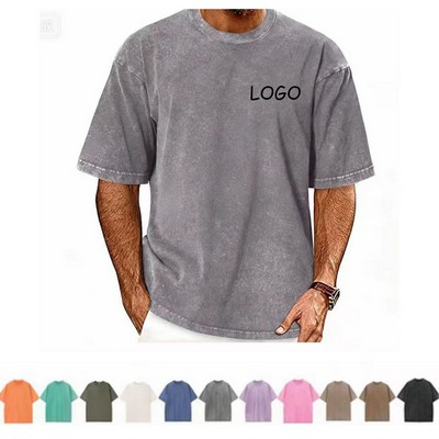 Unisex Cotton Short Sleeve Vintage Washed Basic Tees(5XL)