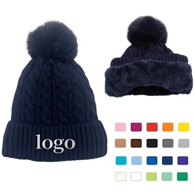 Knit Beanie HatW/ Faux Fur Pom