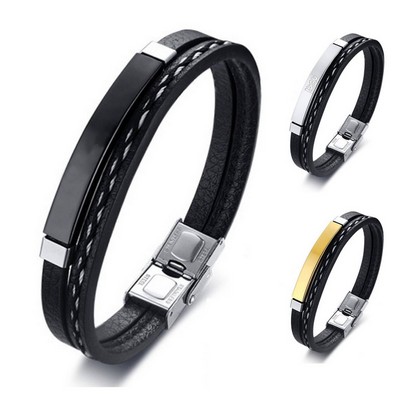 Stainless Steel Curved PU Leather Woven Bracelet